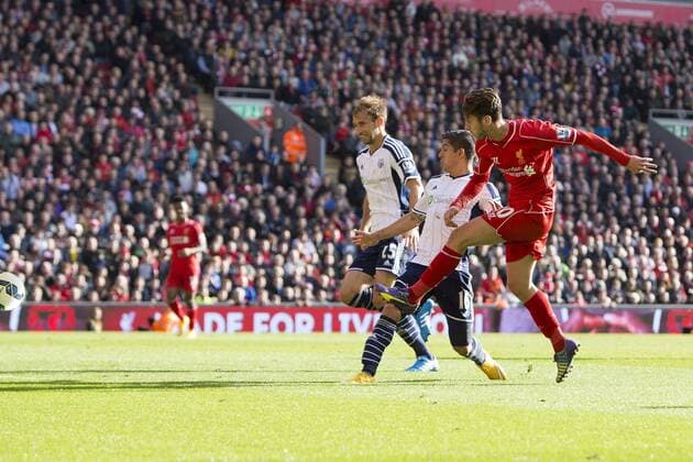 Adam Lallana of Liverpool scores the opening goal - Liverpool FC vs. West Bromwich Albion - Barclay s Premier League - Anfield - Liverpool - 04 10 2014 Pic PhilipxOldham Sportimage EDITORIAL USE ONLY. No use with unauthorised audio, video, data, fixture lists, club league logos or live services. Online in-match use limited to 120 images, no video emulation. No use in betting, games or single club league player publications.