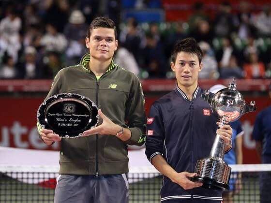 (L-R) Milos Raonic (CAN), Kei Nishikori (JPN), OCTOBER 5, 2014 - Tennis : Kei Nishikori of Japan, right, and Milos Raonic of Canada hold their trophies after Nishikori defeated Raonic to win in their final match at the Rakuten Japan Open Tennis Championships 2014 in Tokyo on October 5, 2014. Noxthirdxpartyxsales  (peda001868)