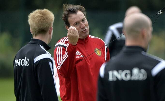 - BRUSSELS, BELGIUM: Belgium s head coach Marc Wilmots reacts during a training session of Belgian national soccer team Red Devils, Tuesday 07 October 2014, in Brussels. Belgium will play Euro 2016 qualification games against Andorra on October 10th and against Bosnia on October 13th. ERICxLALMAND  premiumd kurio20232156
