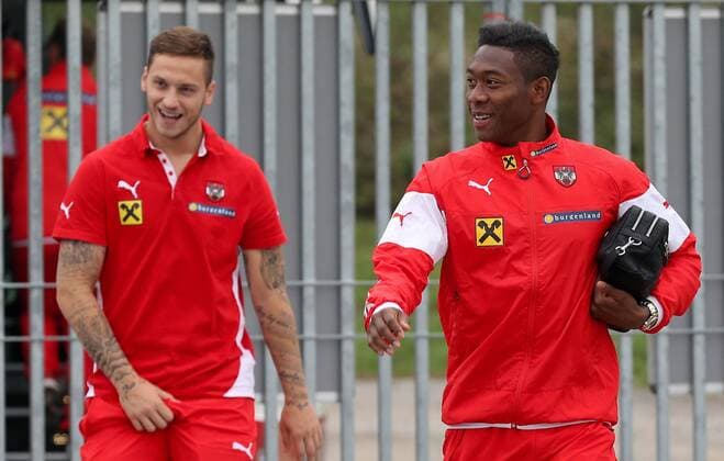 SOCCER - UEFA EURO 2016 quali, MDA vs AUT, preview STEGERSBACH,AUSTRIA,07.OCT.14 - SOCCER - UEFA European Championship 2016, qualification, OEFB international match, Moldova vs Austria, preview, training team AUT. Image shows David Alaba and Marko Arnautovic (AUT).  CW3_9662