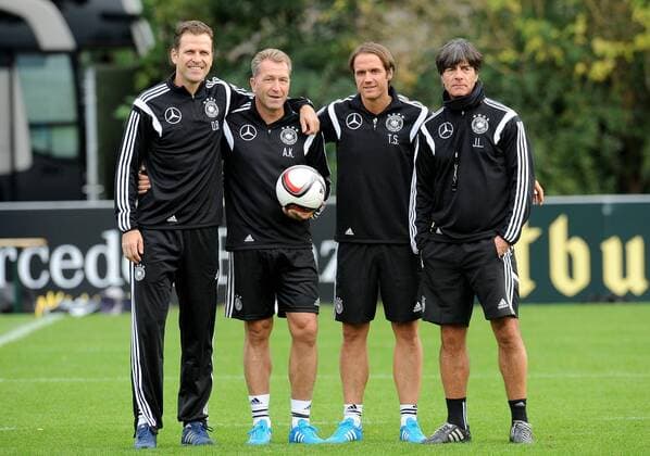 07.10.2014, xfux, Fussball EM Qualifikation, Deutsche Fussball Nationalmannschaft Training in Frankfurt, v.l. Team Manager Oliver Bierhoff (Deutsche Fussball Nationalmannschaft DFB), Torwart Trainer Andreas Koepke (Deutsche Fussball Nationalmannschaft DFB), Co Trainer Thomas Schneider (Deutsche Fussball Nationalmannschaft DFB), Trainer Joachim JOGI Loew (Deutsche Fussball Nationalmannschaft DFB)