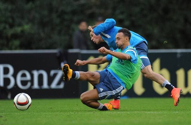 07.10.2014, xfux, Fussball EM Qualifikation, Deutsche Fussball Nationalmannschaft Training in Frankfurt, v.l. Karim Bellarabi (Deutsche Fussball Nationalmannschaft DFB), Eric Durm (Deutsche Fussball Nationalmannschaft DFB)