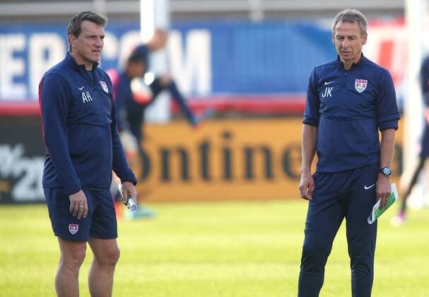 October 09: Assistant coach Andres Herzog with head coach Jürgen Klinsmann of the USA MNT at a practice session before an international friendly match against Ecuador at Rentschler Field, in East Hartford, CT. SOCCER: OCT 09 International Friendly - Ecuador v USA Icon255140100924 EDITORIAL USE ONLY