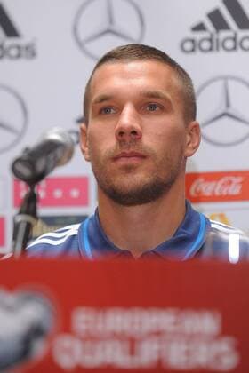 German football team at a press conference before EURO Qualifires on October 10, 2014 in Warsaw. In the picture: Lukas Podolski  EN_01149054_0024
