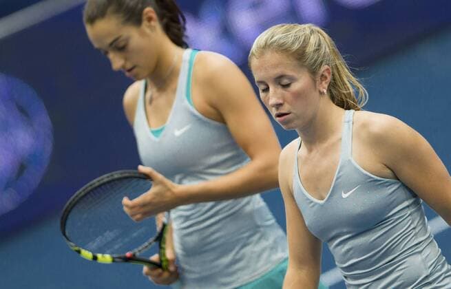 TENNIS - WTA, Generali Ladies Linz LINZ,AUSTRIA,11.OCT.14 - TENNIS - WTA Tennis Damen Tour, Generali Ladies Linz, doubles. Image shows Caroline Garcia (FRA) and Annika Beck (GER). 