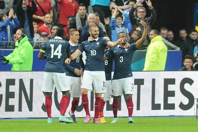 joie de Karim Benzema apres son but - Patrice Evra (France) FOOTBALL : France vs Portugal - Match Amical - 11 10 2014 N.LeGouic FEP Panoramic 