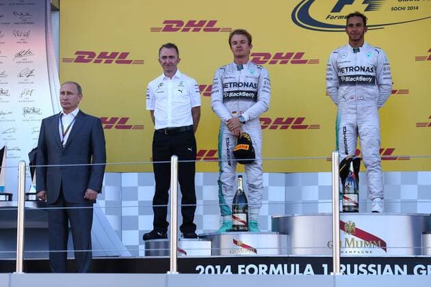 12.10.2014- Podium, winner Lewis Hamilton (GBR) Mercedes AMG F1 W05, 2nd Nico Rosberg (GER) Mercedes AMG F1 W05, 3rd Valtteri Bottas (FIN) Williams F1 Team FW36 with Paddy Lowe (GBR) Mercedes AMG F1 Executive Director, Vladimir Putin (RUS) President od Russian Federation and Dmitry Kozak (RUS) Russian Deputy Prime Minister Russian Grand Prix, Sochi 09 - 12 October 2014 