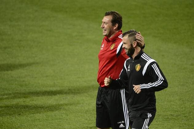 - SARAJEVO, BOSNIA AND HERZEGOVINA: Belgium s head coach Marc Wilmots and Belgium s Steven Defour pictured during a training session of Belgian national soccer team Red Devils in the Bilino Polje stadium in Sarajevo, Sunday 12 October 2014.. DIRKxWAEM  premiumd 04480977