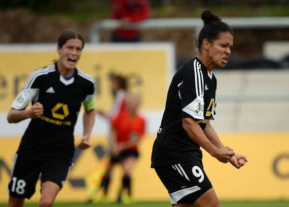 16.10.2014, xjhx, Fussball Champions League, 1.FFC Frankfurt - WFC BIIK-Kazygurt, v.l. Kerstin Garefrekes (1.FFC Frankfurt), Celia Sasic (1.FFC Frankfurt) Torjubel, Goal celebration, celebrate the goal 3:0