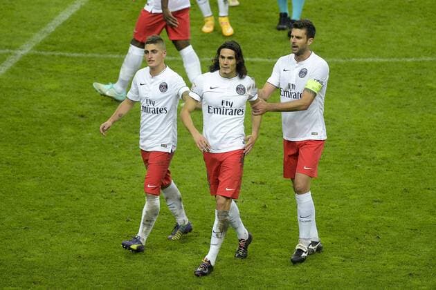 Edinson Cavani (PSG) - Thiago Motta (PSG) Marco Verratti (PSG) FOOT : RC Lens Racing Club PSG Paris Saint Germain - Ligue 1 - 17 10 2014 JBAutissier Panoramic 