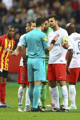 Thiago Motta (PSG) , Nicolas Rainville ( Referee ) FOOTBALL : RC Lens Racing Club vs Paris Saint Germain PSG - Ligue 1 - 17 10 2014 - GwendolineLeGoff Panoramic 