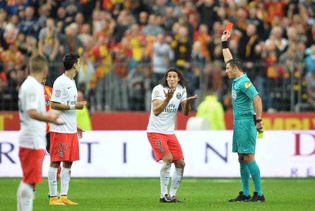 Edinson Cavani (psg) - Nicolas Rainville (Referee ) FOOTBALL : RC Lens Racing Glub vs Paris Saint Germain PSG - Ligue 1 - 17 10 2014 AnthonyBIBARD FEP Panoramic 