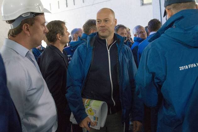 MOSCOW, RUSSIA. OCTOBER 18, 2014. FIFA inspection committee head Christian Unger (C) and FIFA and Russia 2018 officials in discussion at Fisht stadium which will become an arena for the coming 2018 FIFA World Cup. Artur Lebedev TASS  premiumd 20142185