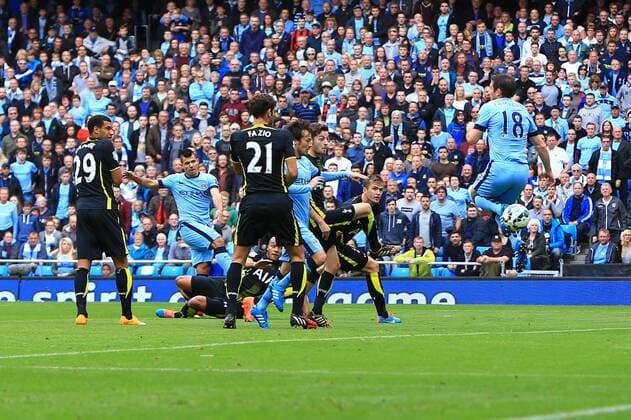 Sergio Kun Aguero of Manchester City scores the opening goal - Manchester City vs. Tottenham Hotspurs - Barclay s Premier League - Etihad Stadium - Manchester - 18 10 2014 EDITORIAL USE ONLY. No use with unauthorised audio, video, data, fixture lists, club league logos or live services. Online in-match use limited to 120 images, no video emulation. No use in betting, games or single club league player publications.