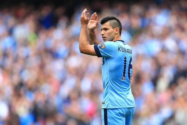 Sergio Kun Aguero of Manchester City celebrates his second goal - Manchester City vs. Tottenham Hotspurs - Barclay s Premier League - Etihad Stadium - Manchester - 18 10 2014 EDITORIAL USE ONLY. No use with unauthorised audio, video, data, fixture lists, club league logos or live services. Online in-match use limited to 120 images, no video emulation. No use in betting, games or single club league player publications.