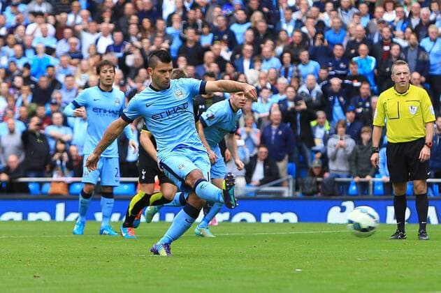 Sergio Kun Aguero of Manchester City scores from the penalty spot - Manchester City vs. Tottenham Hotspurs - Barclay s Premier League - Etihad Stadium - Manchester - 18 10 2014 EDITORIAL USE ONLY. No use with unauthorised audio, video, data, fixture lists, club league logos or live services. Online in-match use limited to 120 images, no video emulation. No use in betting, games or single club league player publications.