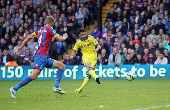 Chelsea s Cesc Fabregas scoring his sides second goal - Barclays Premier League - Crystal Palace vs Chelsea - Selhurst Park - England - 18th October 2014 - Picture David Klein Sportimage EDITORIAL USE ONLY. No use with unauthorised audio, video, data, fixture lists, club league logos or live services. Online in-match use limited to 120 images, no video emulation. No use in betting, games or single club league player publications.