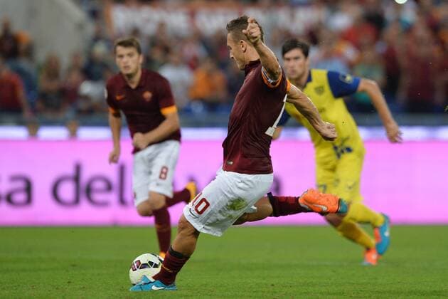 Francesco Totti Roma. Goal celebration. Roma 18-10-2014 Stadio Olimpico. Football Calcio 2014 2015 Serie A. AS Roma - Chievo Verona AntoniettaxBaldassarre