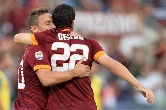 Mattia Destro Roma, con Francesco Totti. Goal celebration. Roma 18-10-2014 Stadio Olimpico. Football Calcio 2014 2015 Serie A. AS Roma - Chievo Verona AntoniettaxBaldassarre
