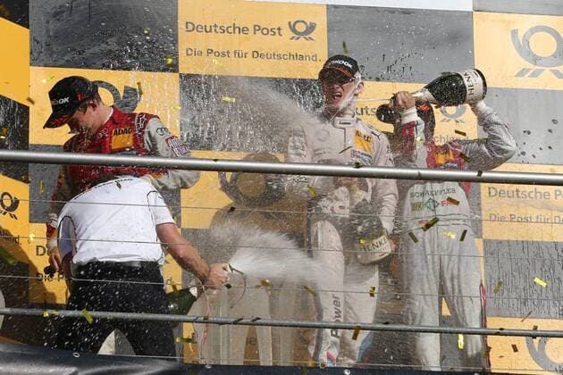 19.10.2014 - Motorsport - Saison 2014 - 10. Rennwochenende Hockenheimring Hockenheim - DTM Deutsche Tourenwagen Meisterschaft Rennen - MaWi - SiegerMattias Ekström Ekstroem (7, Audi Team Abt Sportsline, links) Meister Marco Wittmann (23, BMW Team RMG, mitte) Mike Rockenfeller (1, Audi Team Phoenix, rechts) - Sektdusche Jubel Freude