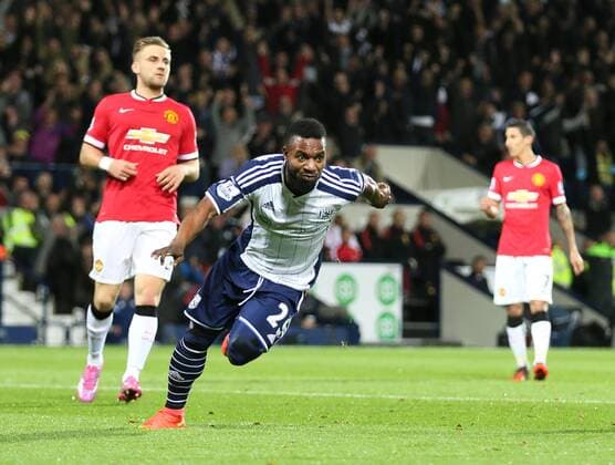 Stephane Sessegnon of West Bromwich Albion turns to celebrate scoring the first goal - Barclays Premier League - WBA vs Manchester Utd - Hawthorns Stadium - West Bromwich - England - 20th October 2014 - Picture Simon Bellis Sportimage EDITORIAL USE ONLY. No use with unauthorised audio, video, data, fixture lists, club league logos or live services. Online in-match use limited to 120 images, no video emulation. No use in betting, games or single club league player publications.