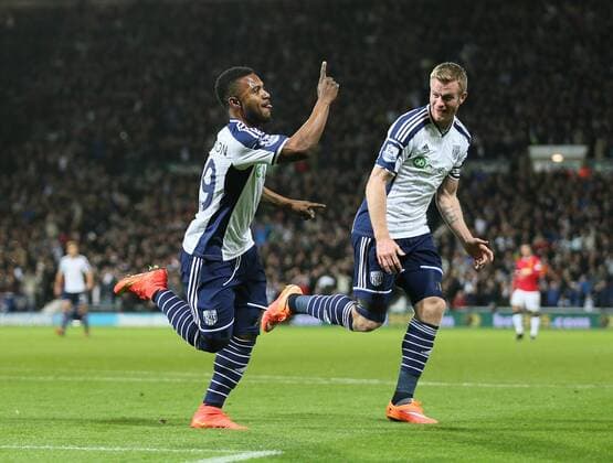 Stephane Sessegnon of West Bromwich Albion turns to celebrate scoring the first goal - Barclays Premier League - WBA vs Manchester Utd - Hawthorns Stadium - West Bromwich - England - 20th October 2014 - Picture Simon Bellis Sportimage EDITORIAL USE ONLY. No use with unauthorised audio, video, data, fixture lists, club league logos or live services. Online in-match use limited to 120 images, no video emulation. No use in betting, games or single club league player publications.