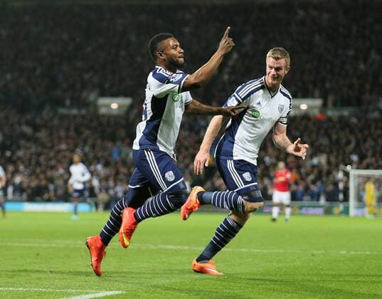 Stephane Sessegnon of West Bromwich Albion turns to celebrate scoring the first goal - Barclays Premier League - WBA vs Manchester Utd - Hawthorns Stadium - West Bromwich - England - 20th October 2014 - Picture Simon Bellis Sportimage EDITORIAL USE ONLY. No use with unauthorised audio, video, data, fixture lists, club league logos or live services. Online in-match use limited to 120 images, no video emulation. No use in betting, games or single club league player publications.