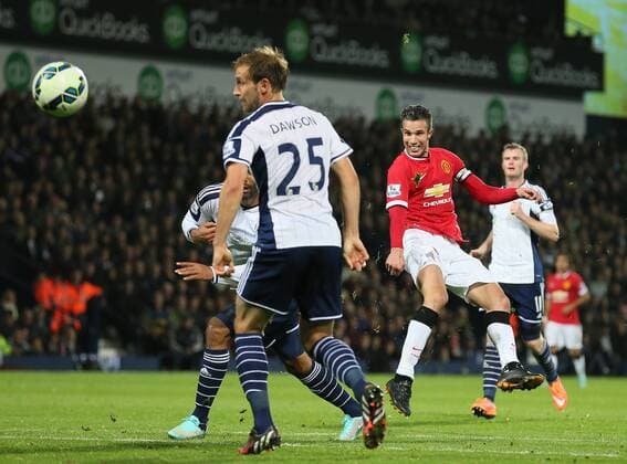Robin van Persie of Manchester United hits the post with a volley - Barclays Premier League - WBA vs Manchester Utd - Hawthorns Stadium - West Bromwich - England - 20th October 2014 - Picture Simon Bellis Sportimage EDITORIAL USE ONLY. No use with unauthorised audio, video, data, fixture lists, club league logos or live services. Online in-match use limited to 120 images, no video emulation. No use in betting, games or single club league player publications.