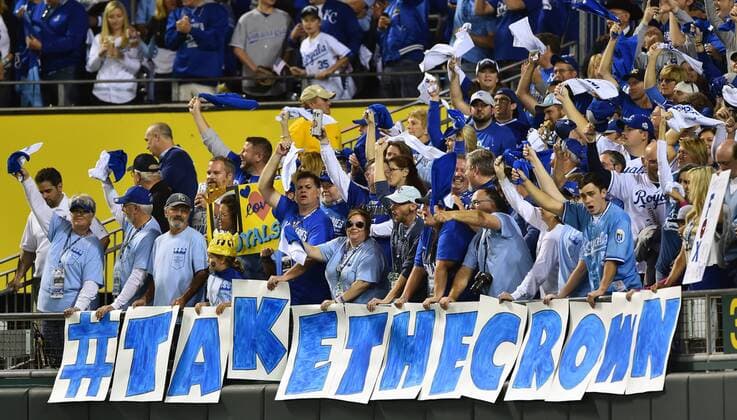 Kansas City Royals fans show their support for team against the San Francisco Giants before the first inning of game 1 of the World Series at Kaufman Stadium in Kansas City, Missouri on October 21, 2014.  KCP2014102121