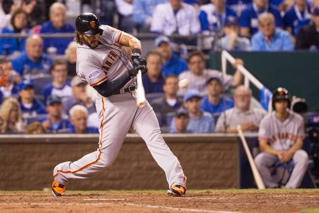 October 21, 2014: San Francisco Giants left fielder Michael Morse (38) at bat during the MLB Baseball Herren USA World Series game 1 between the San Francisco Giants and the Kansas City Royals at Kauffman Stadium in Kansas City, Missouri. MLB Baseball Herren USA OCT 21 World Series - Giants at Royals - Game 1 Icon20144697 EDITORIAL USE ONLY