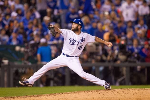 October 21, 2014: Kansas City Royals starting pitcher Danny Duffy (41) during the MLB Baseball Herren USA World Series game 1 between the San Francisco Giants and the Kansas City Royals at Kauffman Stadium in Kansas City, Missouri. MLB Baseball Herren USA OCT 21 World Series - Giants at Royals - Game 1 Icon20144698 EDITORIAL USE ONLY