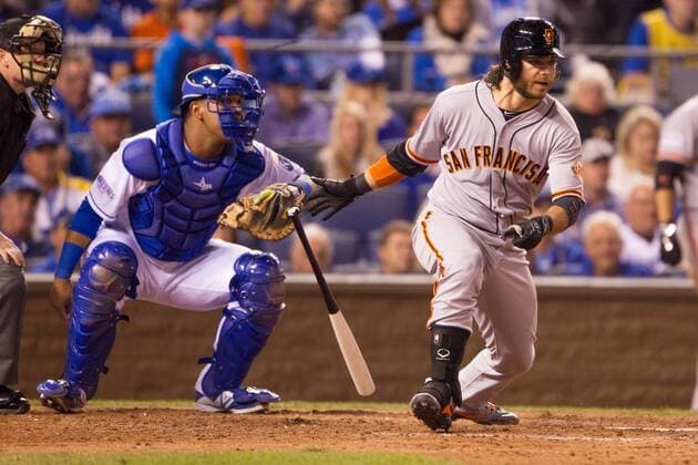 October 21, 2014: San Francisco Giants shortstop Brandon Crawford (35) during the MLB Baseball Herren USA World Series game 1 between the San Francisco Giants and the Kansas City Royals at Kauffman Stadium in Kansas City, Missouri. MLB Baseball Herren USA OCT 21 World Series - Giants at Royals - Game 1 Icon20144700 EDITORIAL USE ONLY