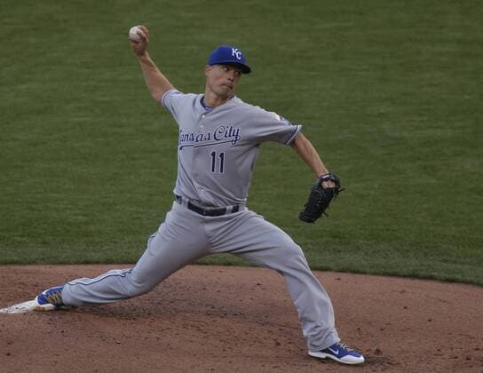 Kansas City Royals Jeremy Gutherie throws in the first inning against the San Francisco Giants in game 3 of the World Series at AT&T Park in San Francisco on October 24, 2014. Guthrie got the win as the Royals beat the Giants 3-2.  SFP20141024206