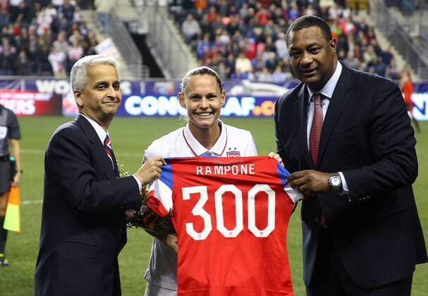 October 24 2014: Christine Rampone (3)of the USA is presented with a shirt commemorating her three hundredth game for the USA by Sunil Gulati head of USA soccer and Jeffrey Webb head of CONCACAF before the CONCACAF Women s World Cup semifinal qualifier at PPL Park, in Chester PA. USA won 3-0. SOCCER: OCT 24 CONCACAF Women s World Cup Qualifier - United States v Mexico Icon25514102438 EDITORIAL USE ONLY