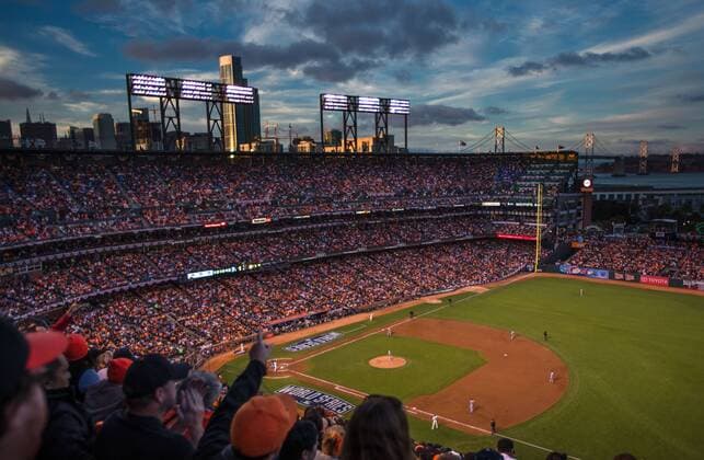 October 24, 2014: A general view of the stadium with the San Francisco skyline near sunset, during game three of the World Series of the San Francisco Giants at AT&T Park in San Francisco, California, USA. MLB Baseball Herren USA OCT 24 World Series - Game 3 Icon20141024009 EDITORIAL USE ONLY