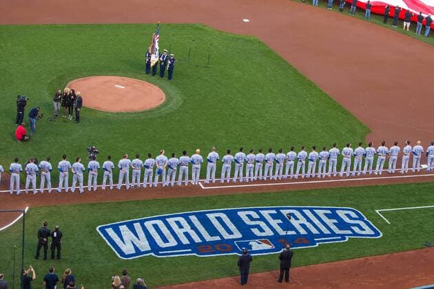 October 24, 2014: The Kansas City Royals in the lineup before game three of the World Series between the San Francisco Giants and the Kansas City Royals at AT&T Park in San Francisco, California, USA. MLB Baseball Herren USA OCT 24 World Series - Royals at Giants - Game 3 Icon20141024042 EDITORIAL USE ONLY