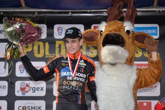 - KRUIBEKE, BELGIUM: Belgian Wout Van Aert celebrates on the podium after the second edition of the Poldercross cyclocross cycling race in Bazel, Kruibeke, Saturday 25 October 2014. DAVIDxSTOCKMAN  04489416