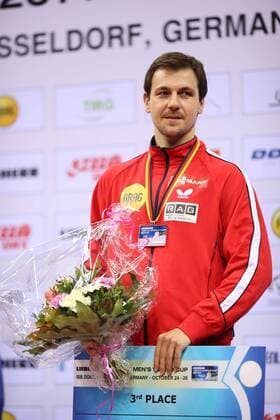 Der drittplatzierte Timo Boll (GER) bei der Siegerehrung Liebherr Mens World Cup 2014 --- Tischtennis --- 26.10.2014 EP_FWT