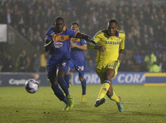 Didier Drogba of Chelsea scores the first goal - Capital One Cup - Shrewsbury Town vs Chelsea - Greenhous Meadow Stadium - Shrewsbury - England - 28th October 2014 - Picture SimonBellis Sportimage EDITORIAL USE ONLY. No use with unauthorised audio, video, data, fixture lists, club league logos or live services. Online in-match use limited to 120 images, no video emulation. No use in betting, games or single club league player publications.