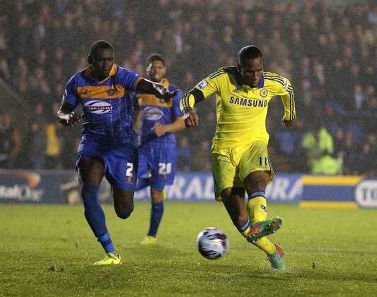 Didier Drogba of Chelsea scores the first goal - Capital One Cup - Shrewsbury Town vs Chelsea - Greenhous Meadow Stadium - Shrewsbury - England - 28th October 2014 - Picture SimonBellis Sportimage EDITORIAL USE ONLY. No use with unauthorised audio, video, data, fixture lists, club league logos or live services. Online in-match use limited to 120 images, no video emulation. No use in betting, games or single club league player publications.