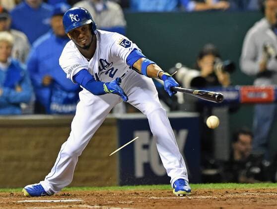 Kansas City Royals shortstop Alcides Escobar singles against San Francisco Giants pitcher Jake Peavy during the second inning of game 6 of the World Series at Kaufman Stadium in Kansas City, Missouri on October 28, 2014. The Giants hold a 3-2 series lead and need only one win against the Royals to win the World Series.  KCP2014102834