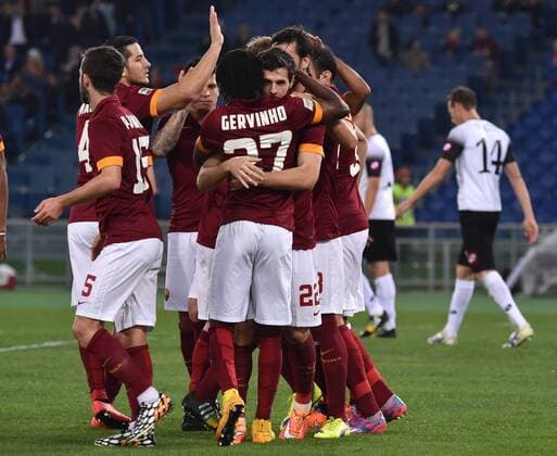 Jubel Mattia Destro (R), Gervinho Roma 1-0 Goal celebration Serie A 2014 2015 AS Rom - AC Cesena andreaxstaccioli