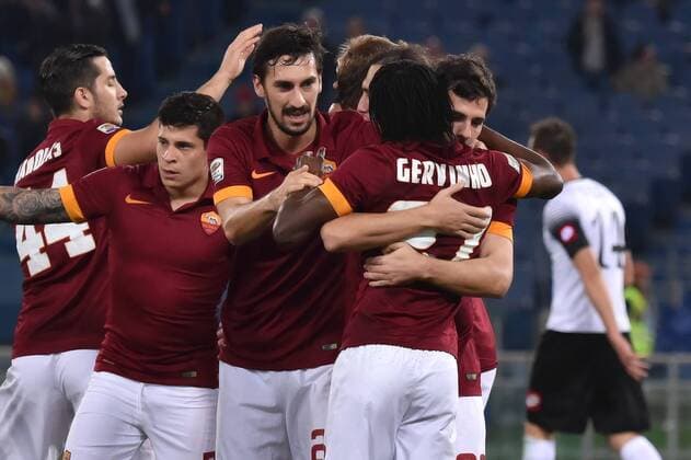 Jubel Mattia Destro (R), Gervinho Roma 1-0 Goal celebration Serie A 2014 2015 AS Rom - AC Cesena andreaxstaccioli
