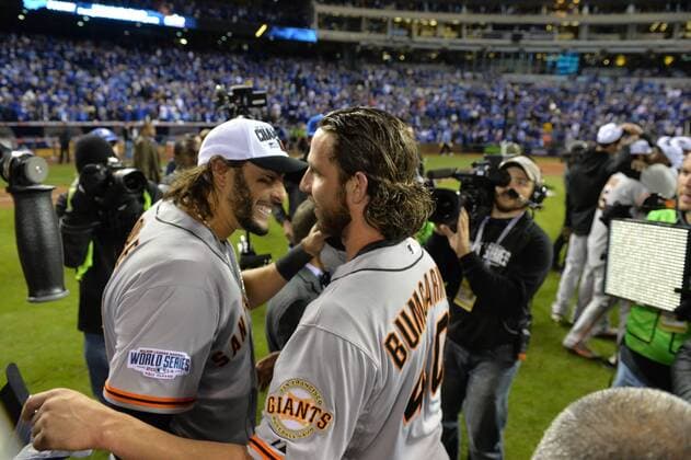San Francisco Giants pitcher and series MVP Madison Bumgarner celebrates after the final out against the Kansas City Royals in game 7 of the World Series at Kauffman Stadium in Kansas City, Missouri on October 29, 2014. San Francisco wins the World Series defeating Kansas City 3-2.  KCP20141029102