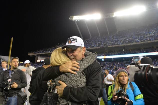 San Francisco Giants manager Bruce Bochy celebrates after the final out against the Kansas City Royals in game 7 of the World Series at Kauffman Stadium in Kansas City, Missouri on October 29, 2014. San Francisco wins the World Series defeating Kansas City 3-2.  KCP20141029105