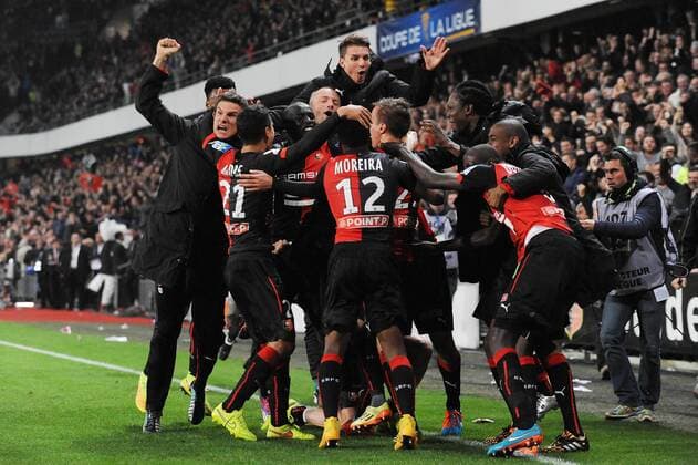 joie des rennais apres le but de Philipp Hosiner - Romain Danze - Steven Moreira - Benjamin Andre (Rennes) FOOTBALL : Rennes vs Marseille - Coupe de la Ligue - 29 10 2014 N.LeGouic FEP Panoramic 