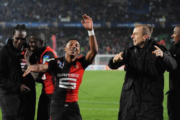 joie Steven Moreira - Kamil Grosicki (Rennes) FOOTBALL : Rennes vs Marseille - Coupe de la Ligue - 29 10 2014 N.LeGouic FEP Panoramic 