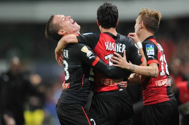 joie Philipp Hosiner apres son but - Pedro Henrique - Anders Konradsen (Rennes) FOOTBALL : Rennes vs Marseille - Coupe de la Ligue - 29 10 2014 N.LeGouic FEP Panoramic 