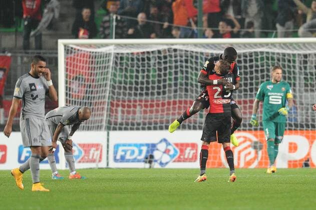 joie Anders Konradsen - Fallou Diagne (Rennes) FOOTBALL : Rennes vs Marseille - Coupe de la Ligue - 29 10 2014 N.LeGouic FEP Panoramic 