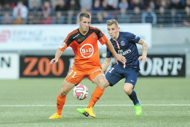 Valentin lavigne (Lorient) Lucas Digne (PSG) FOOTBALL : Lorient vs PSG - Ligue 1 - 01 11 2014 N.LeGouic FEP Panoramic 